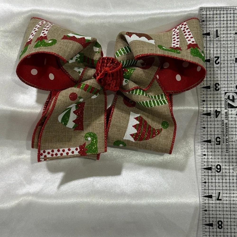 Holiday Elf Print Red & Tan Hair Bow. Bundle 2+ for savings on shipping costs